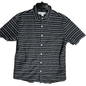 Old Navy Shirt Men Size M Black Gray Striped Button Up Relaxed Short Sleeves